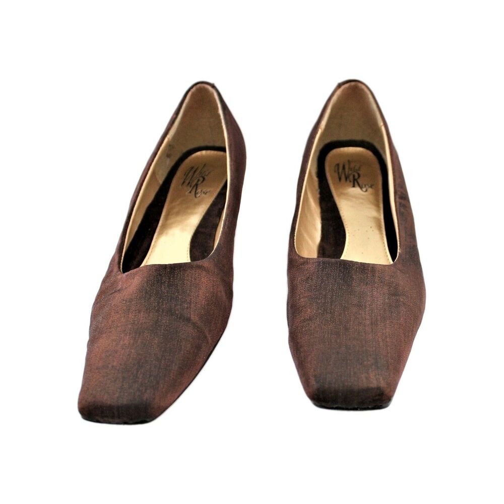 Wild Rose Heels Pumps Square Toe Slip On Brown Fabric Uppers Size 9